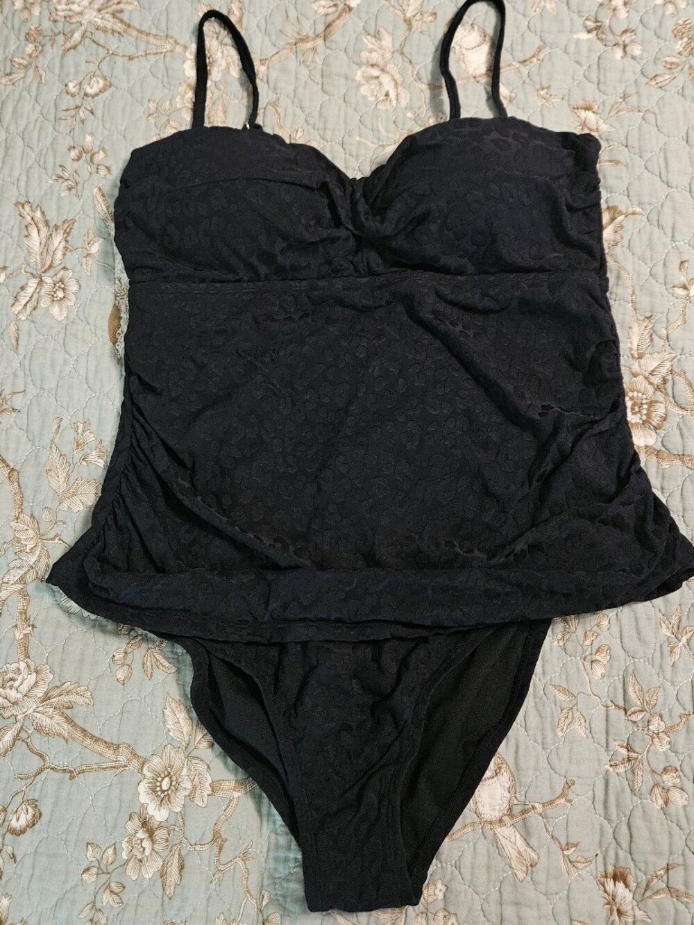 crown & ivy Solid BlackTextured Tankini Top with Matching Brief